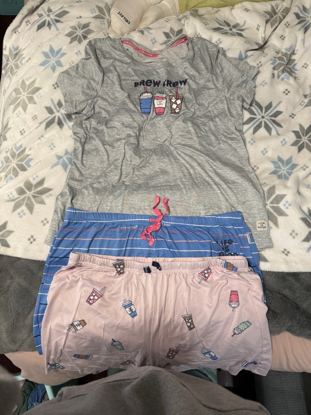 Life Is Good Gray 'Brew Crew' Pajama Top with Blue & Pink Sleep Shorts Set
